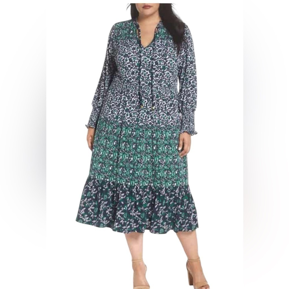 MICHAEL Michael Kors Boho Tiered Mix Print Peasant Midi Dress Medium Blue Green